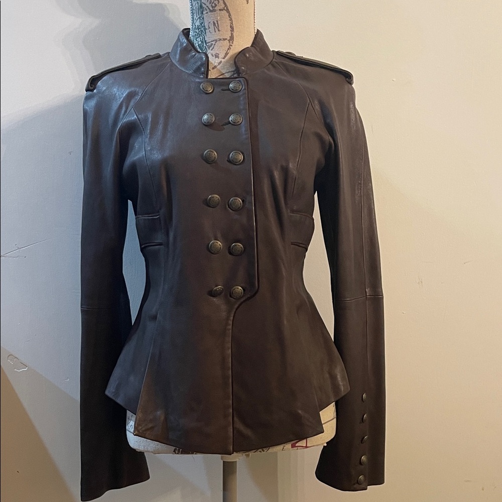 bebe Dark Brown Leather Military Jacket